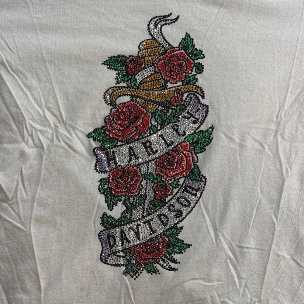 Vintage Harley Davidson Womens XL Rime stone Shirt Motorcycle Dagger Rose - Picture 2 of 16